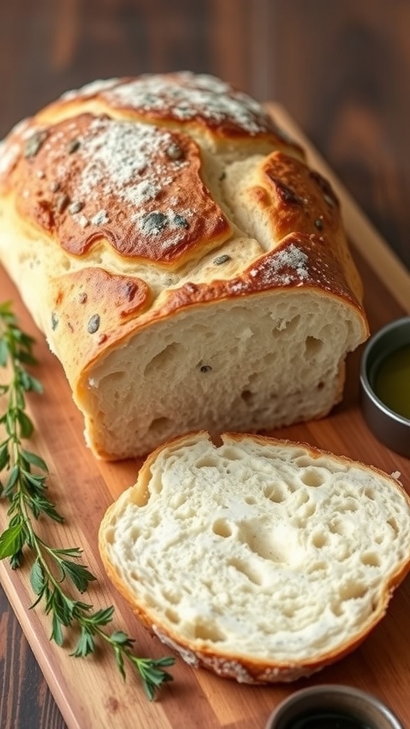 Health Benefits of Sourdough Bread A rustic sourdough bread loaf with a golden crust and sliced interior on a wooden board.